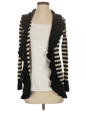 White House Black Market Black and Cream Striped Ruffle-Front Cardigan